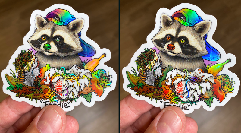 HOLOGRAPHIC STICKER: "Foodie" Raccoon with Garbage Feast