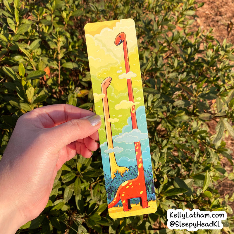Kelly Latham Art - Dinosaur Clouds Bookmark - Cute Funny Dinos Brontosaurus