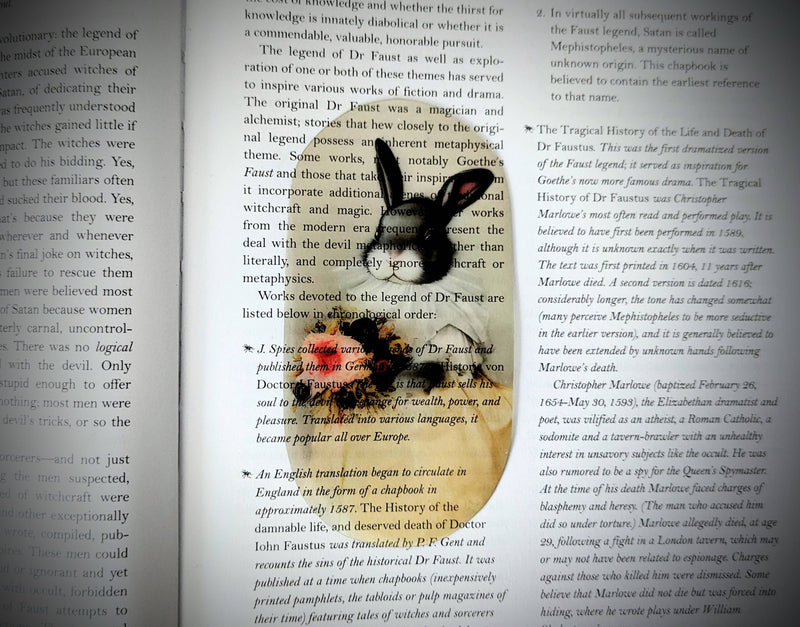 Dark Veinlet - Clear Bookmark - Vintage Rabbit Holding Flowers Illustration