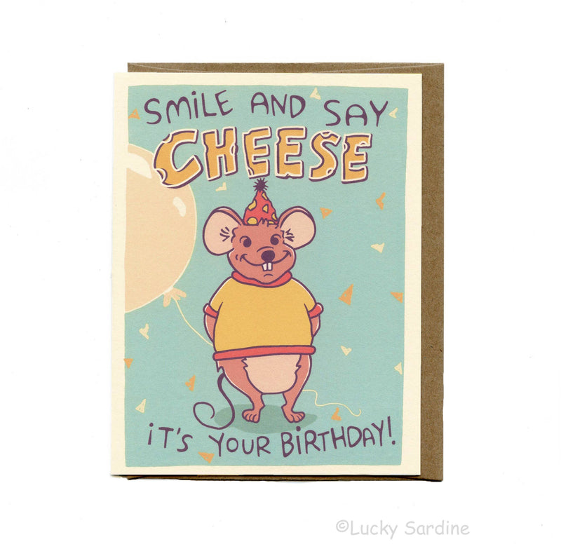 Lucky Sardine - Smile & Say Cheese, Cute Mouse & Balloon Birthday Card