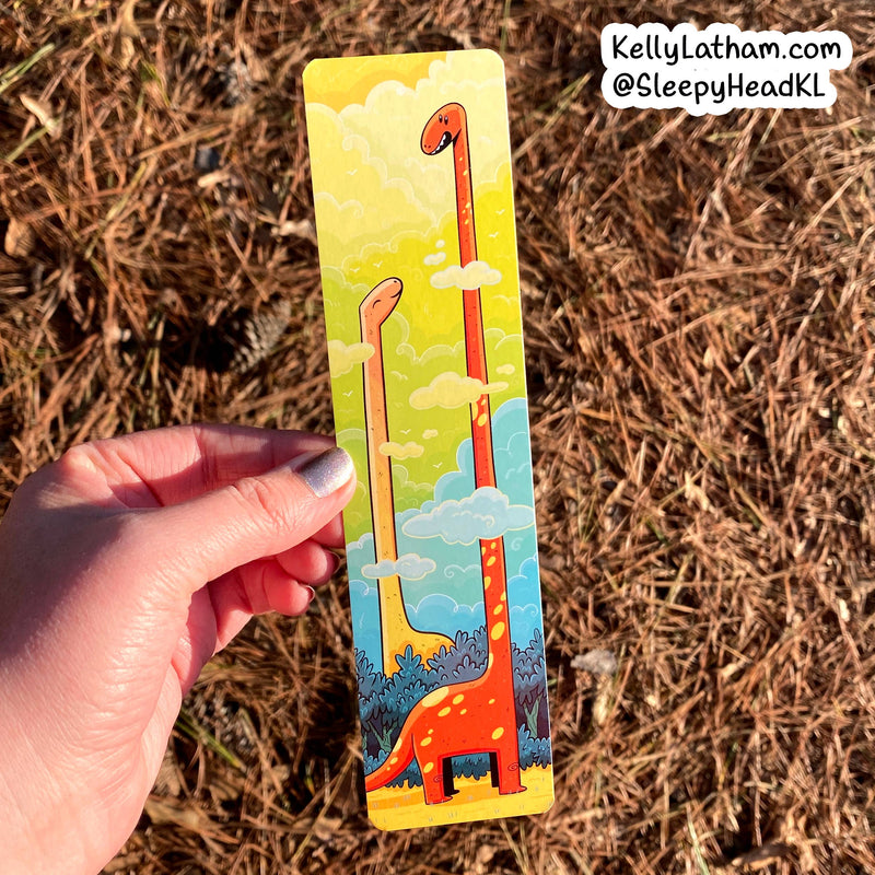 Kelly Latham Art - Dinosaur Clouds Bookmark - Cute Funny Dinos Brontosaurus