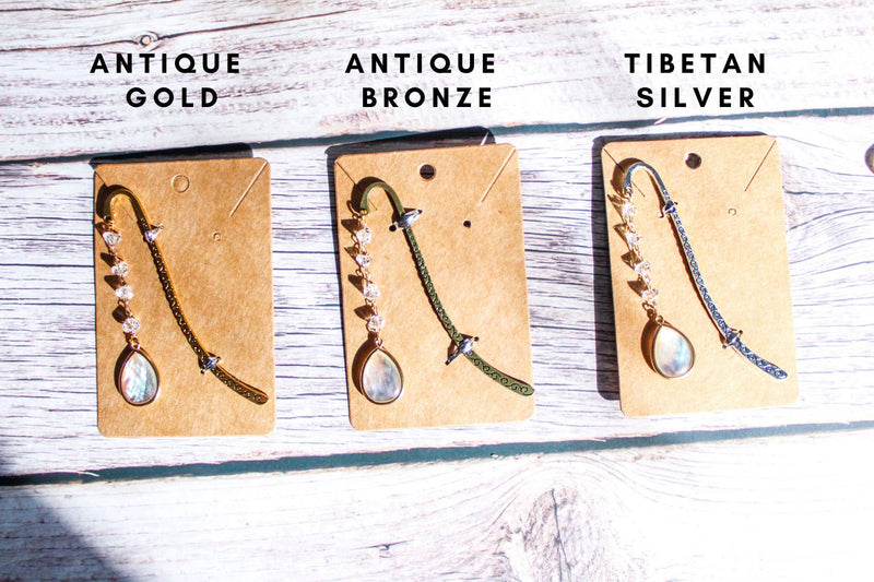 Bookish Trinkets - Opal Drop Cottagecore Crystal Pendant Metal Hook Bookmark: Antique Gold