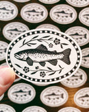 Flora West Design - Folk Art Trout Vinyl Sticker Hand Illustrated Outdoor Adventure Decal Colorado Trout Fish Fly Fishing Sticker Floral Fish 2.85” Oval