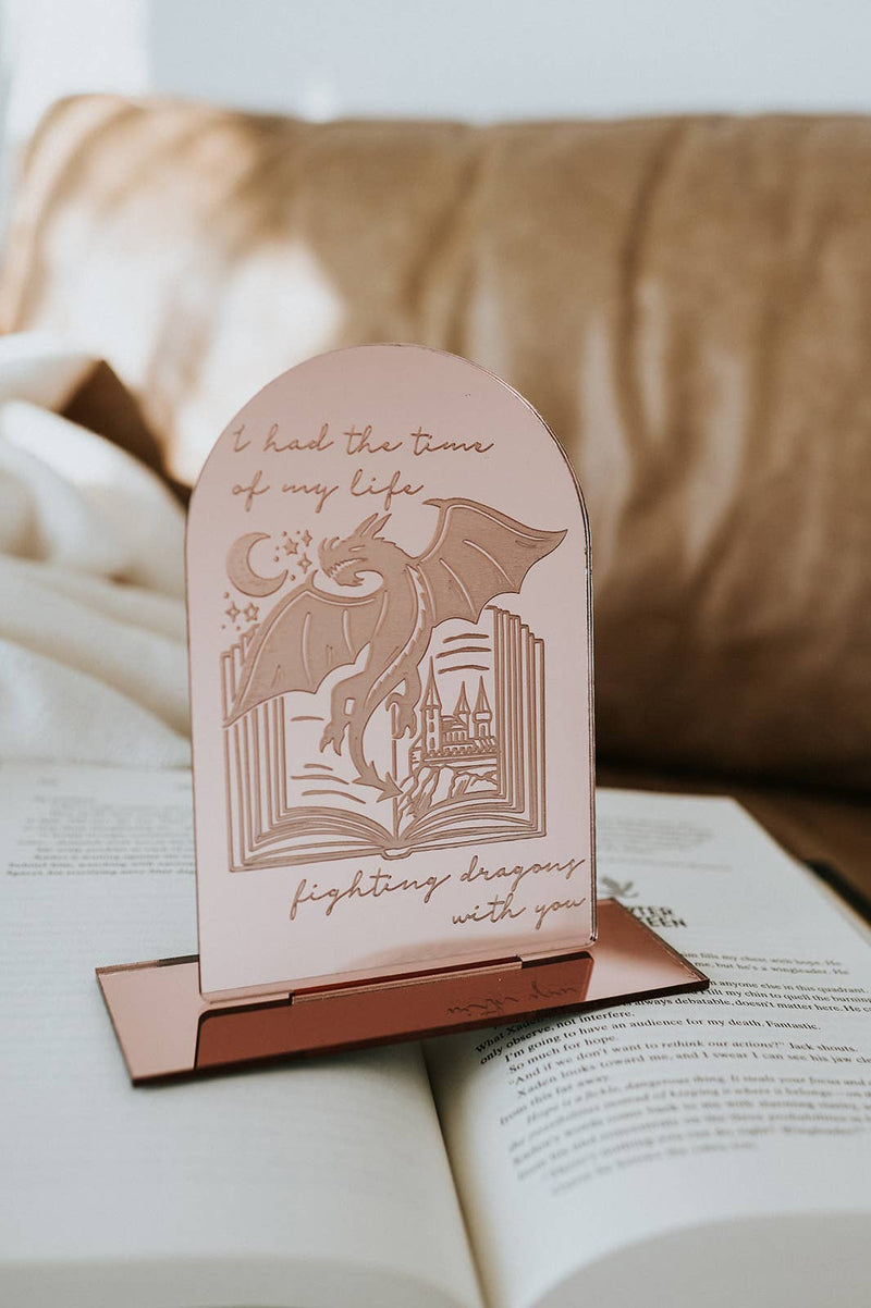The Bookish Bird Co. - Fighting Dragons With You Shelf Sitter w/ Stand: Wood