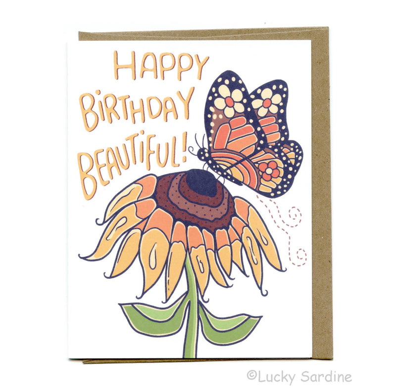 Lucky Sardine - Monarch Butterfly & Sunflower, Happy Birthday Beautiful Card