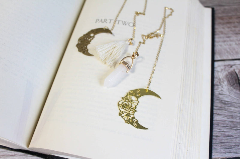 Bookish Trinkets - Crescent Moon Celestial Gold Chain Bookmark: Rhinestone Tassel