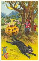 Found Image Press - Postcard HW-47 Halloween Greetings, Jack O'Lantern Biting Ca