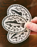 Flora West Design - Folk Art Trout Vinyl Sticker Hand Illustrated Outdoor Adventure Decal Colorado Trout Fish Fly Fishing Sticker Floral Fish 2.85” Oval