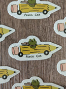 Sadsquatch - Frog in a Pencil Car - Cute Vinyl Sticker Richard Scarry