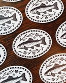 Flora West Design - Folk Art Trout Vinyl Sticker Hand Illustrated Outdoor Adventure Decal Colorado Trout Fish Fly Fishing Sticker Floral Fish 2.85” Oval
