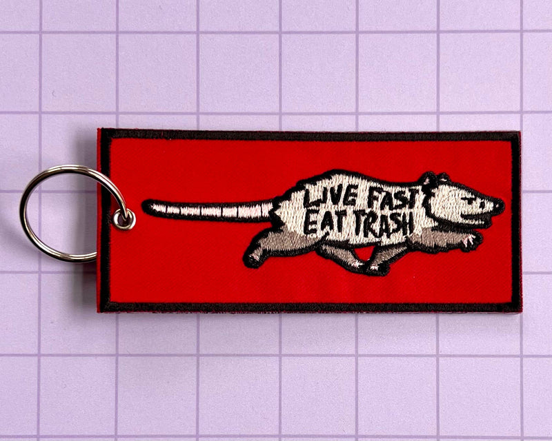 2Birds1Pencil Illustrations - Live Fast Eat Trash Embroidered Keychain