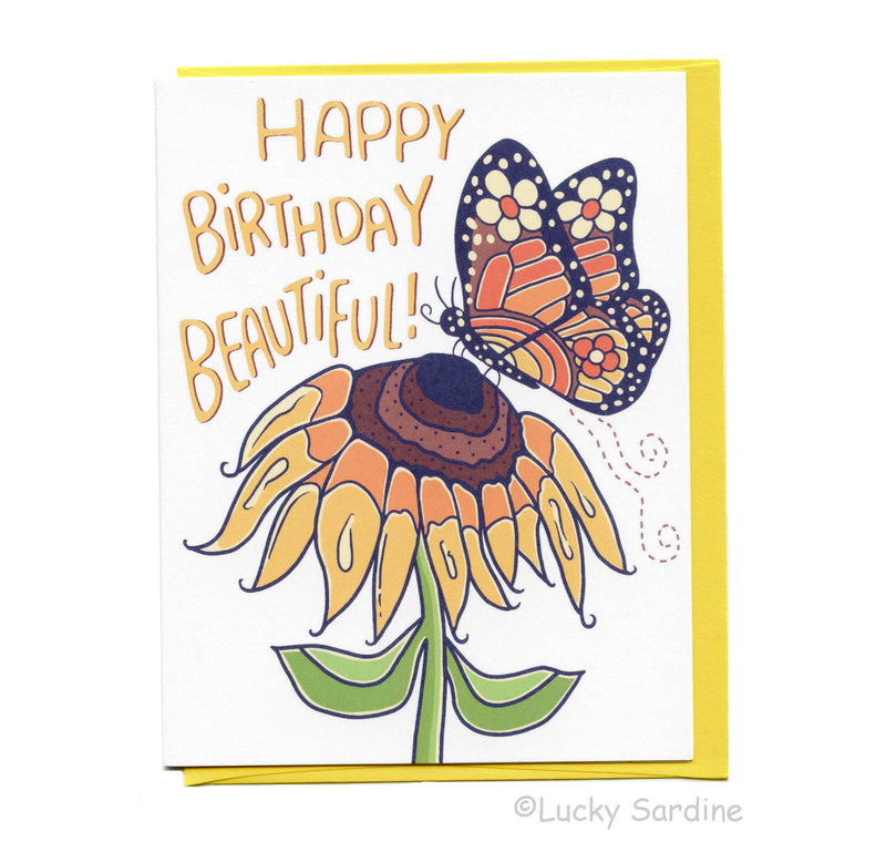 Lucky Sardine - Monarch Butterfly & Sunflower, Happy Birthday Beautiful Card