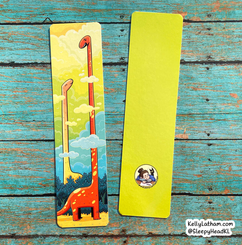 Kelly Latham Art - Dinosaur Clouds Bookmark - Cute Funny Dinos Brontosaurus