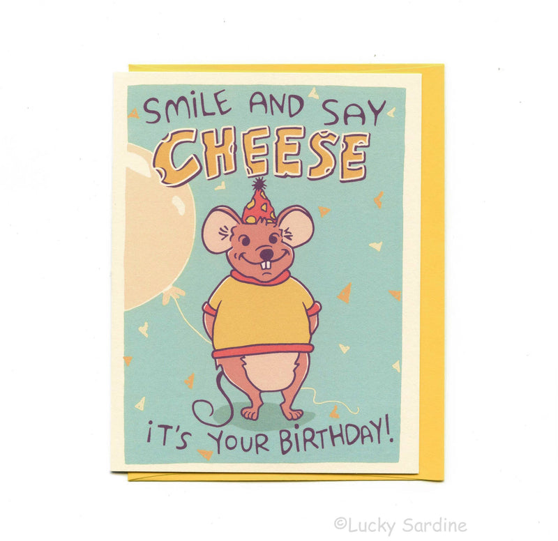 Lucky Sardine - Smile & Say Cheese, Cute Mouse & Balloon Birthday Card