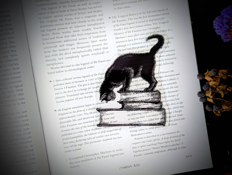 Dark Veinlet - Clear Bookmark - Black Cat on Books Goth Gothic