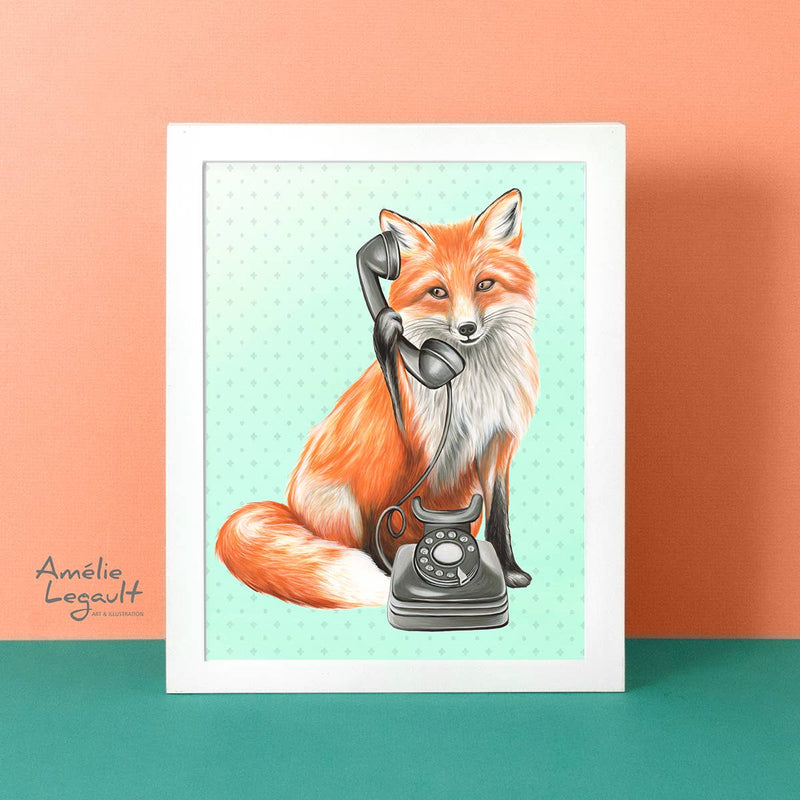 Fox Art Print, Fox on the Phone wall art, illustration