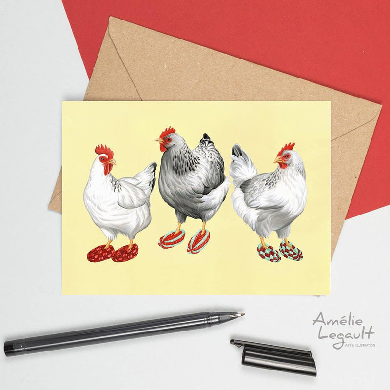 Hen card, chicken card, greeting card, Phentex Slippers Card