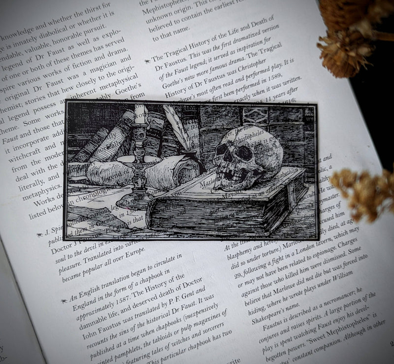 Dark Veinlet - Clear Bookmark - Vintage Illustration Skull On Books Library