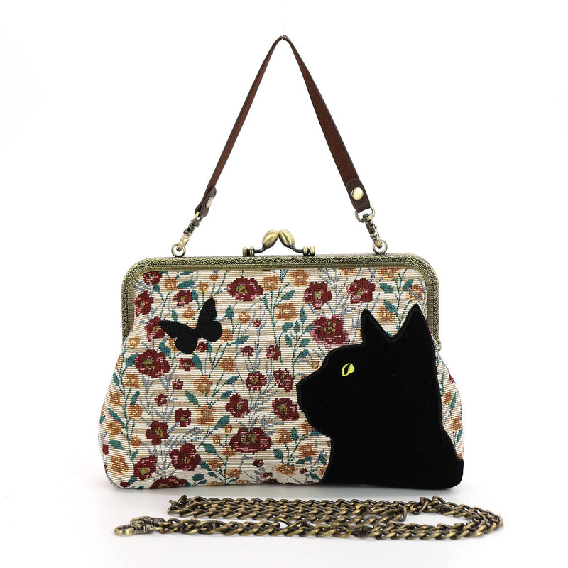 COMECO INC - Floral Black Cat Kiss Lock Bag in Cotton Fabric