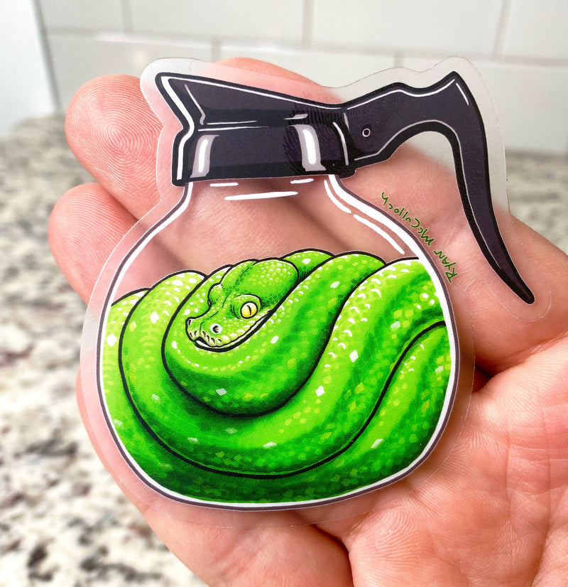 CLEAR STICKER: Green Tree Python Coffee Pot (snake)